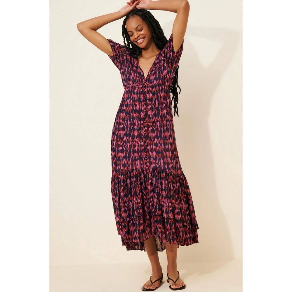 Anthropologie Pink and Navy Printed Midi Dress